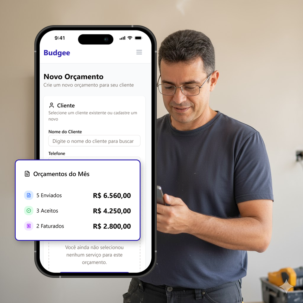 Profissional conferindo orçamento no celular